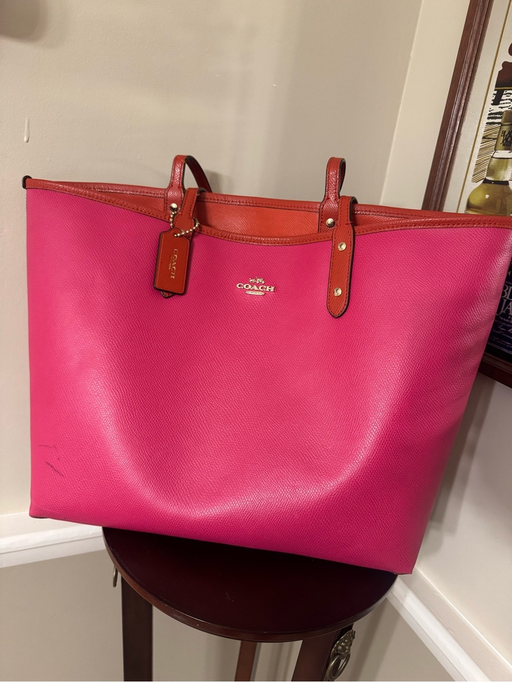 Coach Hot Pink Leather Tote with Tan Trim
